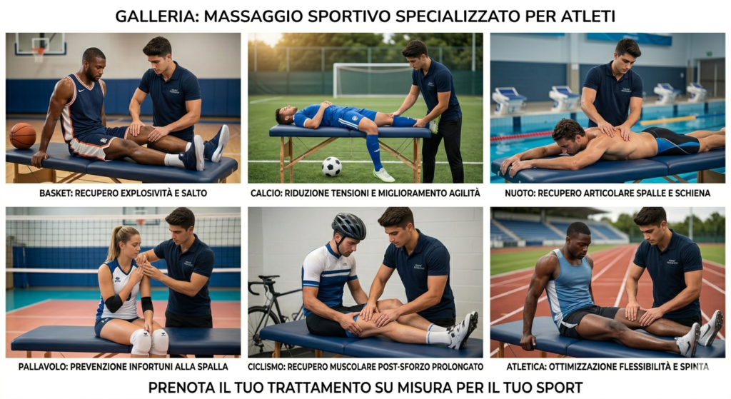 Galleria di sei immagini che mostra un giovane massaggiatore sportivo moro e muscoloso mentre esegue massaggi e trattamenti di recupero su atleti di diverse discipline: basket, calcio, nuoto, pallavolo, ciclismo e atletica