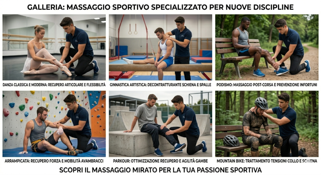 Galleria di sei immagini che mostra un giovane massaggiatore sportivo moro e muscoloso mentre effettua trattamenti di massaggio e recupero muscolare su atleti di varie discipline: danza classica e moderna, ginnastica artistica, podismo, arrampicata, parkour e mountain bike