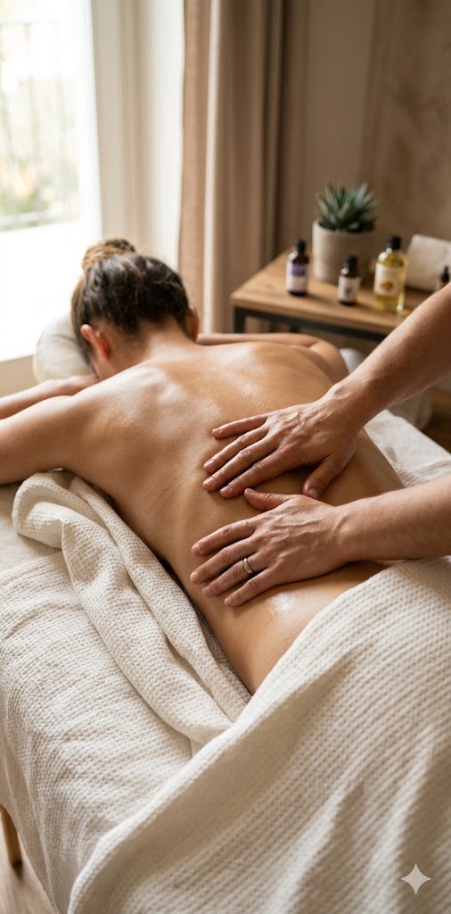 Massaggio terapeutico e rilassante alla schiena in uno studio professionale, con dettaglio sulle mani del massaggiatore