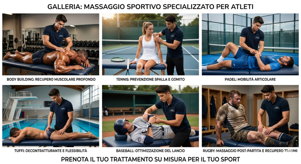 Galleria di sei immagini che mostra un giovane massaggiatore sportivo moro mentre esegue trattamenti fisici e di recupero muscolare su atleti di diverse discipline: bodybuilding, tennis, padel, tuffi, baseball e rugby.