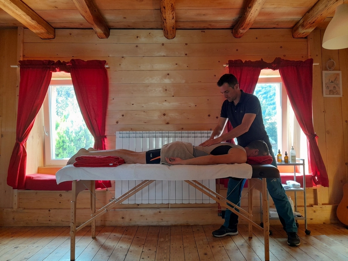 Massaggiatore professionista esegue un massaggio sportivo su atleta in una cabina di legno sul Monte Baldo, vicino al Lago di Garda.